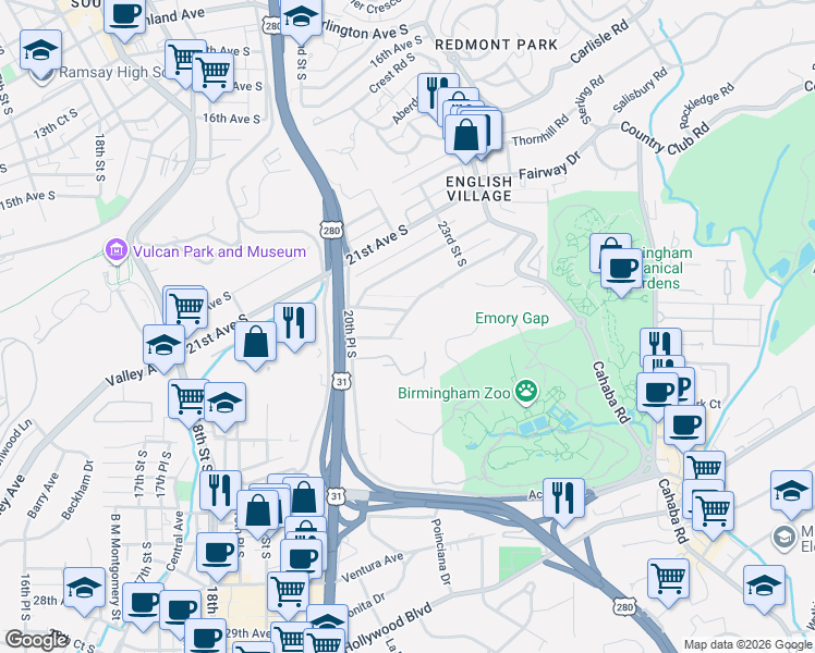 map of restaurants, bars, coffee shops, grocery stores, and more near 2071 23rd Avenue South in Birmingham