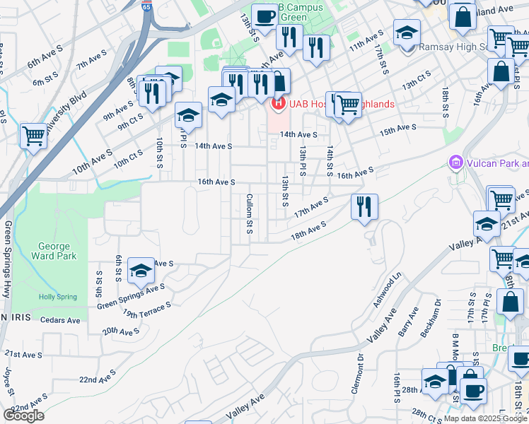 map of restaurants, bars, coffee shops, grocery stores, and more near 1215 17th Avenue South in Birmingham