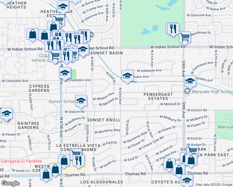 map of restaurants, bars, coffee shops, grocery stores, and more near 3517 North 63rd Drive in Phoenix