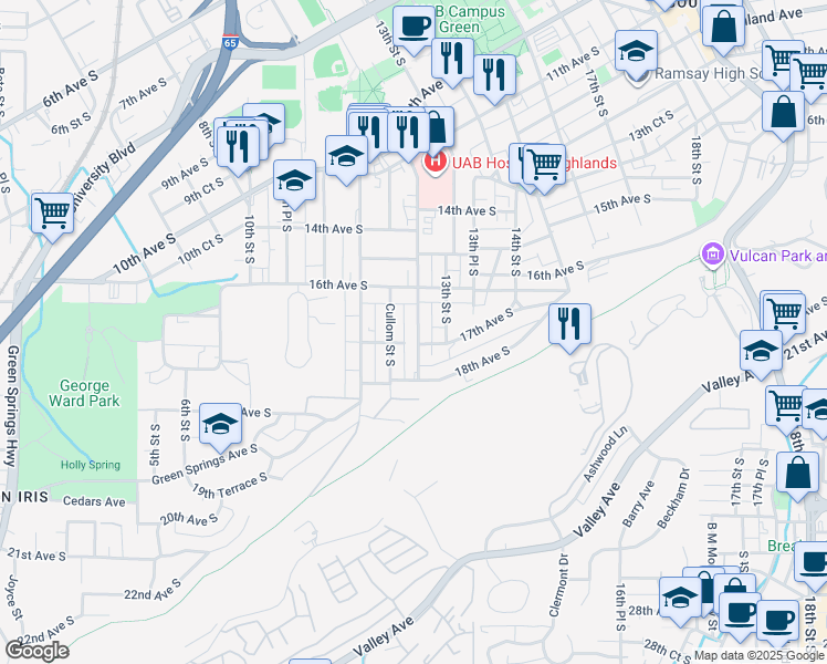 map of restaurants, bars, coffee shops, grocery stores, and more near 1215 17th Avenue South in Birmingham