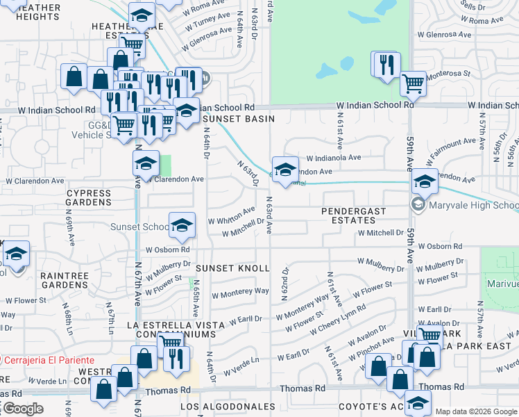 map of restaurants, bars, coffee shops, grocery stores, and more near 3517 North 63rd Drive in Phoenix