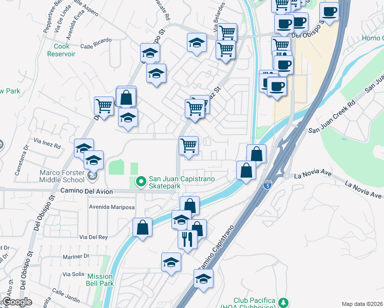map of restaurants, bars, coffee shops, grocery stores, and more near 26242 Via Corrizo in San Juan Capistrano