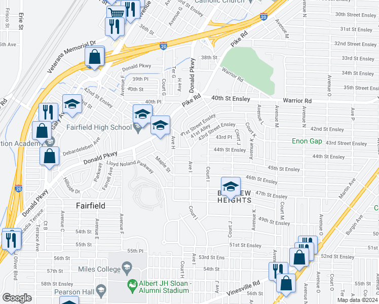 map of restaurants, bars, coffee shops, grocery stores, and more near 825 44th Street Ensley in Birmingham