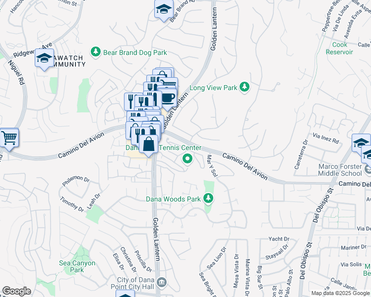 map of restaurants, bars, coffee shops, grocery stores, and more near La Paloma in Dana Point