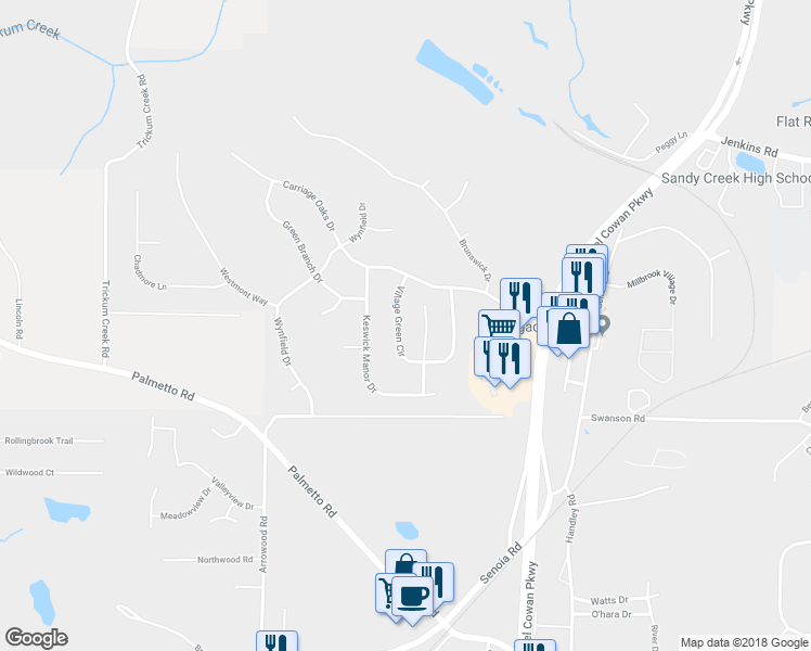 map of restaurants, bars, coffee shops, grocery stores, and more near 128 Village Green Circle in Tyrone