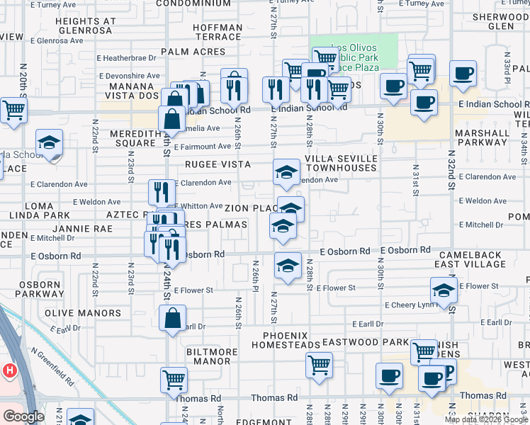 map of restaurants, bars, coffee shops, grocery stores, and more near 3507 North 26th Place in Phoenix