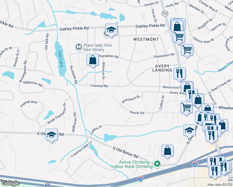 map of restaurants, bars, coffee shops, grocery stores, and more near 4544-4598 Jessie Road in Augusta
