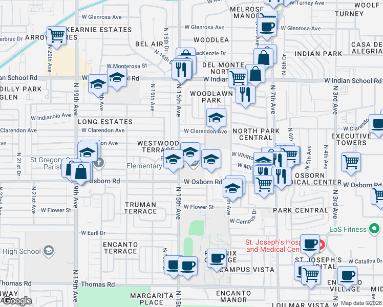 map of restaurants, bars, coffee shops, grocery stores, and more near 1420 West Osborn Road in Phoenix