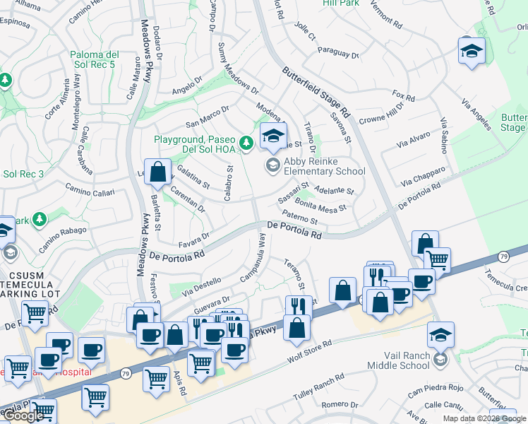 map of restaurants, bars, coffee shops, grocery stores, and more near 43922 Sassari Street in Temecula
