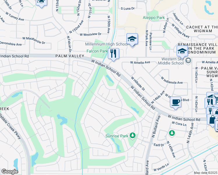 map of restaurants, bars, coffee shops, grocery stores, and more near 3680 North 149th Avenue in Goodyear