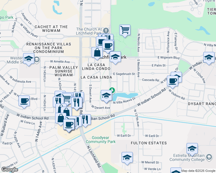 map of restaurants, bars, coffee shops, grocery stores, and more near 300 Old Litchfield Road in Litchfield Park