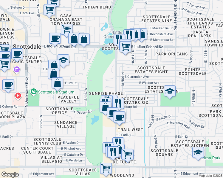 map of restaurants, bars, coffee shops, grocery stores, and more near 8001 East Whitton Avenue in Scottsdale
