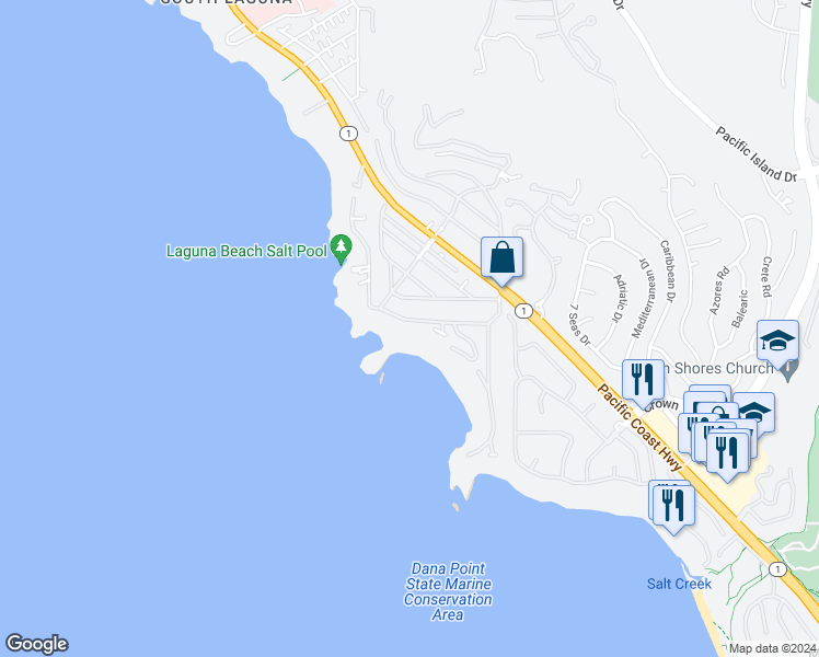 map of restaurants, bars, coffee shops, grocery stores, and more near 26 South La Senda Drive in Laguna Beach