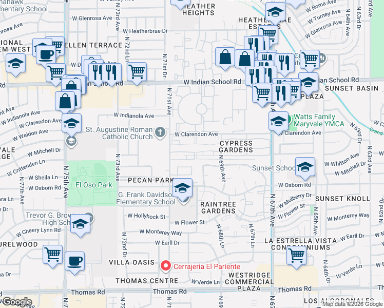 map of restaurants, bars, coffee shops, grocery stores, and more near West Columbus Avenue in Phoenix