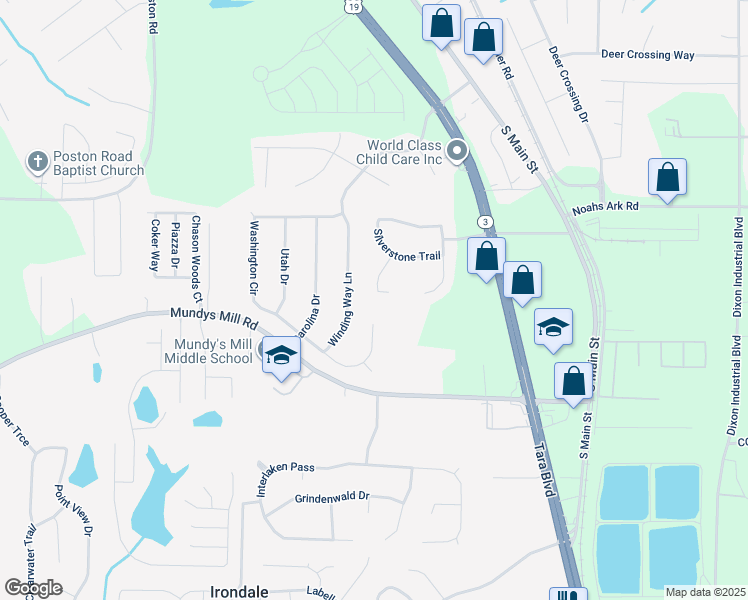 map of restaurants, bars, coffee shops, grocery stores, and more near 9696 Silverstone Court in Jonesboro