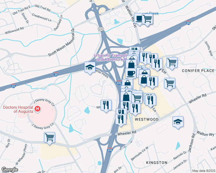 map of restaurants, bars, coffee shops, grocery stores, and more near 1012 Huntington Drive in Augusta