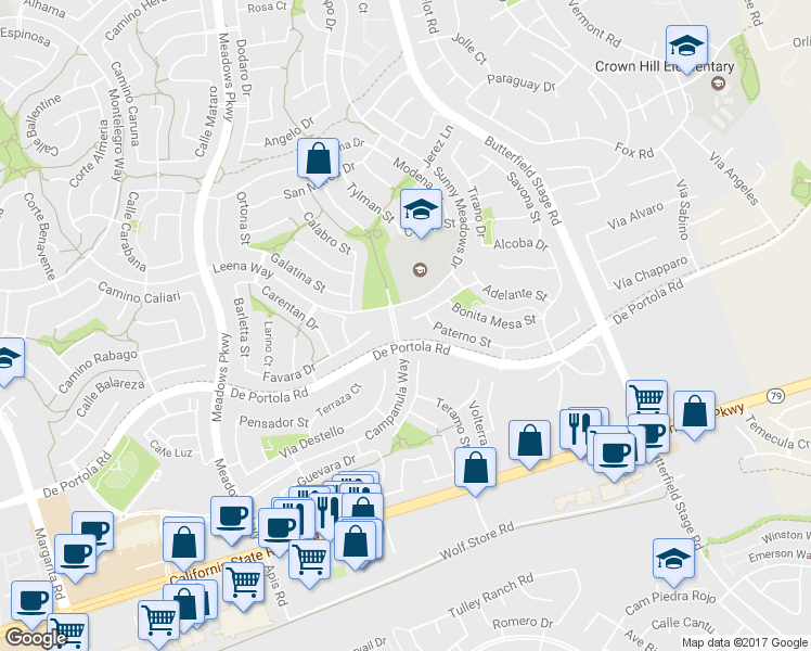 map of restaurants, bars, coffee shops, grocery stores, and more near 43922 Sassari Street in Temecula