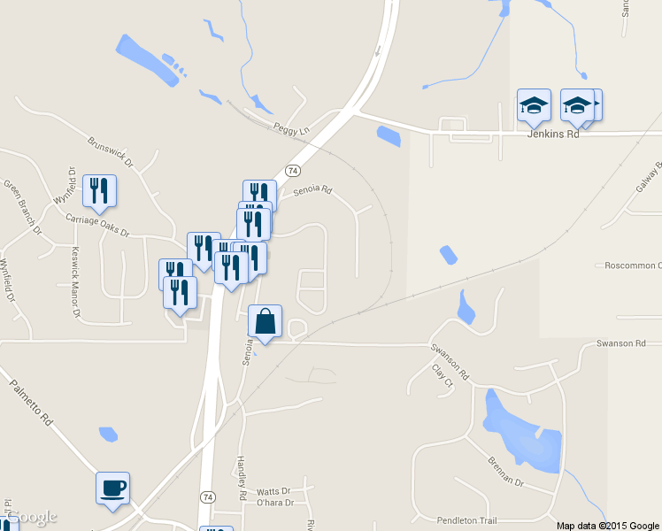 map of restaurants, bars, coffee shops, grocery stores, and more near 350 Millbrook Village Drive in Tyrone