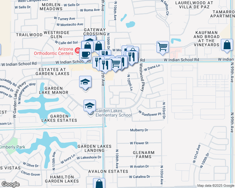 map of restaurants, bars, coffee shops, grocery stores, and more near 10629 West Piccadilly Road in Avondale