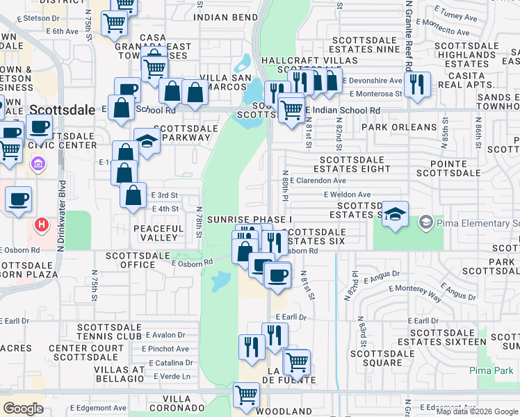 map of restaurants, bars, coffee shops, grocery stores, and more near 3619 North Hayden Road in Scottsdale