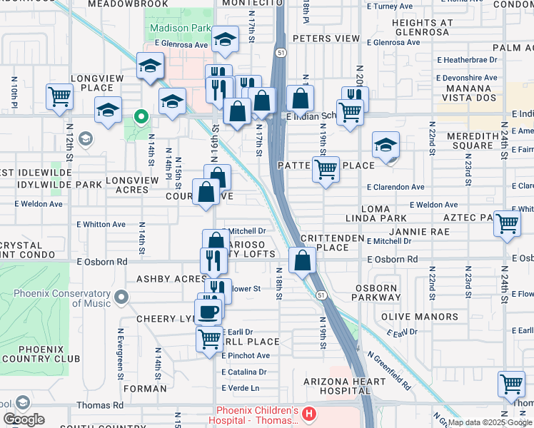 map of restaurants, bars, coffee shops, grocery stores, and more near 1802 East Weldon Avenue in Phoenix