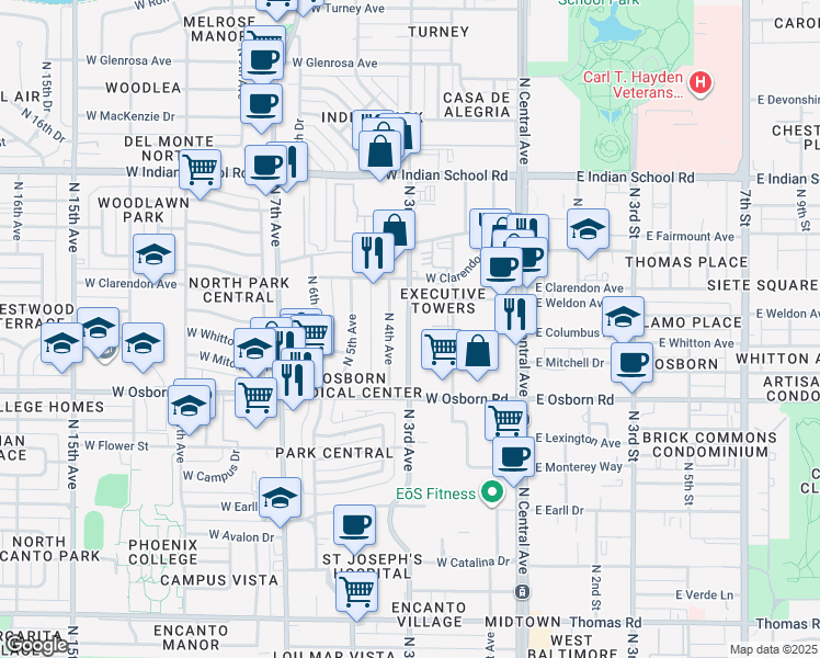 map of restaurants, bars, coffee shops, grocery stores, and more near 3701 North 4th Avenue in Phoenix