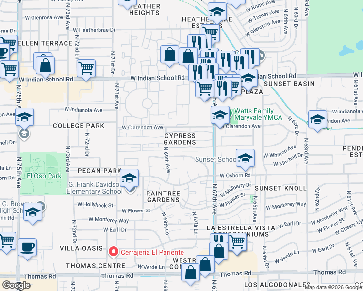 map of restaurants, bars, coffee shops, grocery stores, and more near West Columbus Avenue in Phoenix