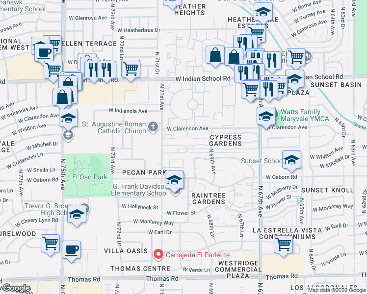 map of restaurants, bars, coffee shops, grocery stores, and more near West Columbus Avenue in Phoenix