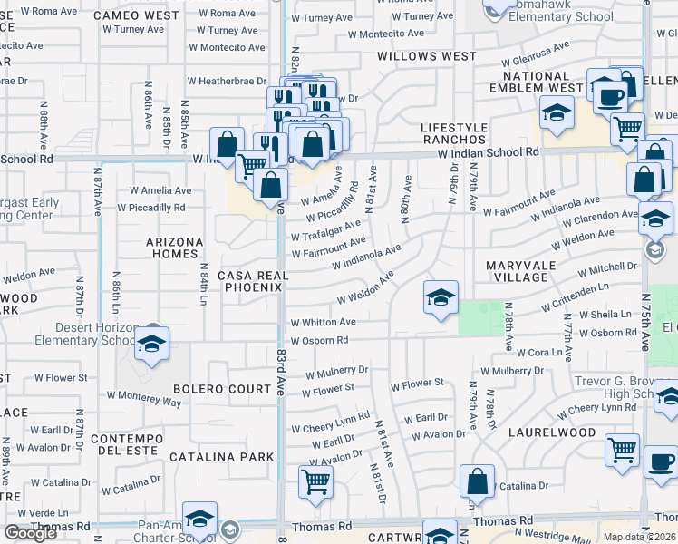 map of restaurants, bars, coffee shops, grocery stores, and more near 8122 West Indianola Avenue in Phoenix