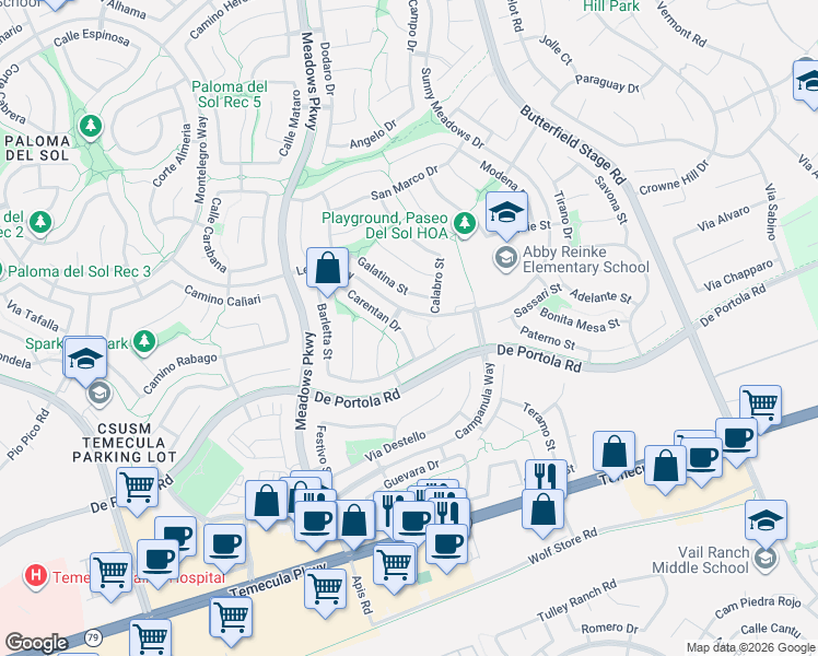 map of restaurants, bars, coffee shops, grocery stores, and more near 32551 Galatina Street in Temecula