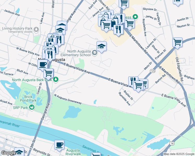 map of restaurants, bars, coffee shops, grocery stores, and more near 511 East Buena Vista Avenue in North Augusta