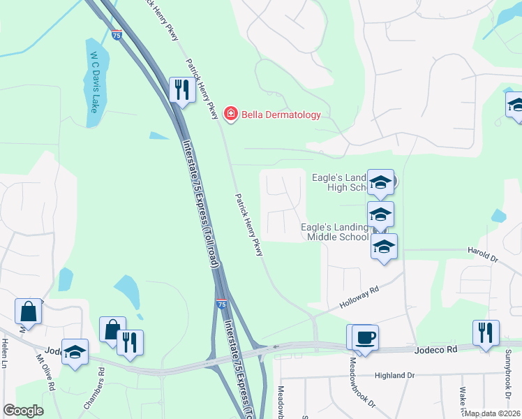 map of restaurants, bars, coffee shops, grocery stores, and more near 1229 Redbud Court in McDonough