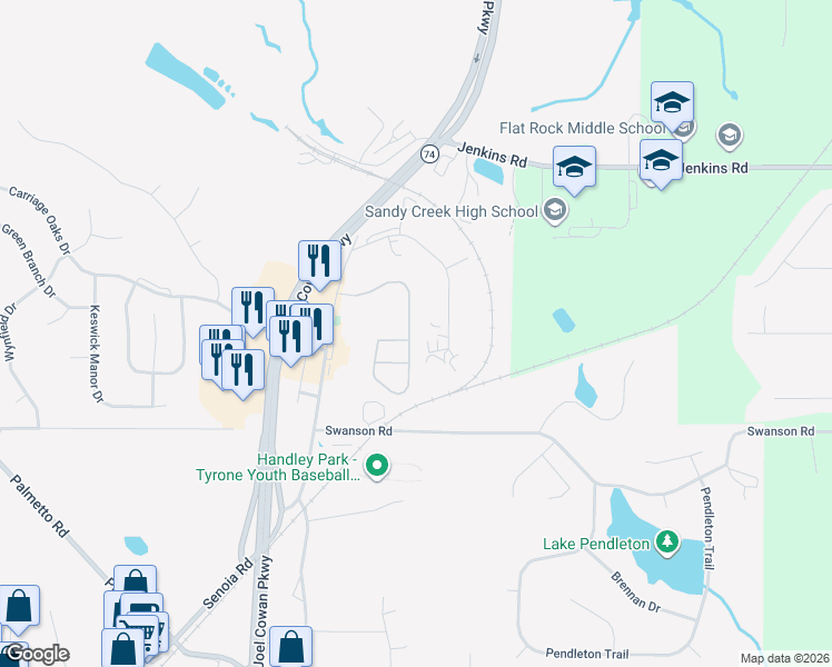 map of restaurants, bars, coffee shops, grocery stores, and more near 350 Millbrook Village Drive in Tyrone