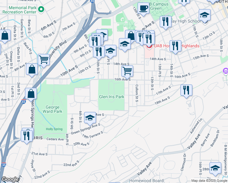 map of restaurants, bars, coffee shops, grocery stores, and more near 5 Glen Iris Park in Birmingham