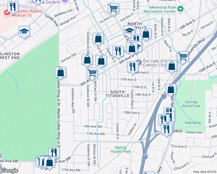 map of restaurants, bars, coffee shops, grocery stores, and more near 708 Center Place Southwest in Birmingham