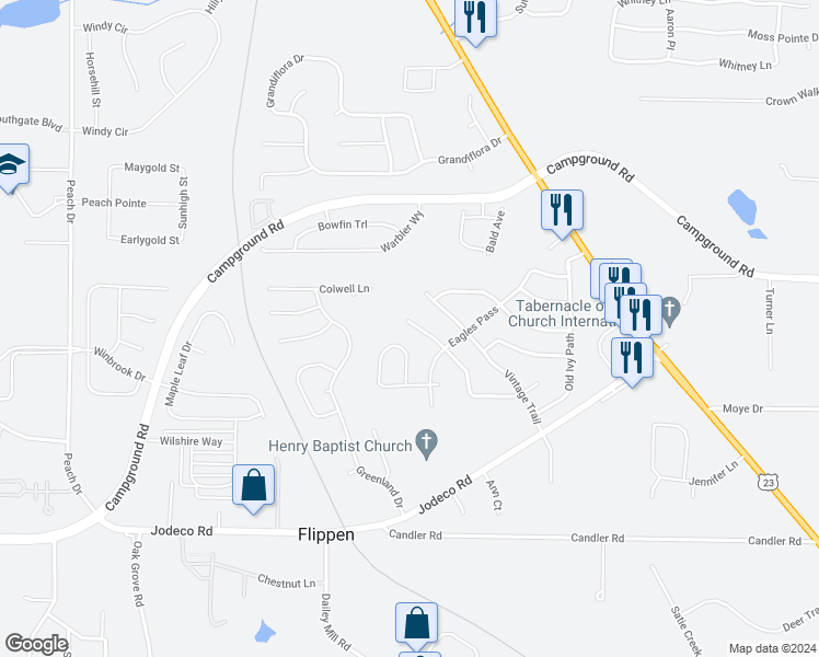 map of restaurants, bars, coffee shops, grocery stores, and more near 1156 Chateau Terrace in McDonough