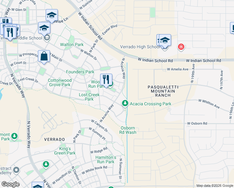 map of restaurants, bars, coffee shops, grocery stores, and more near 20410 West Shadow Street in Buckeye
