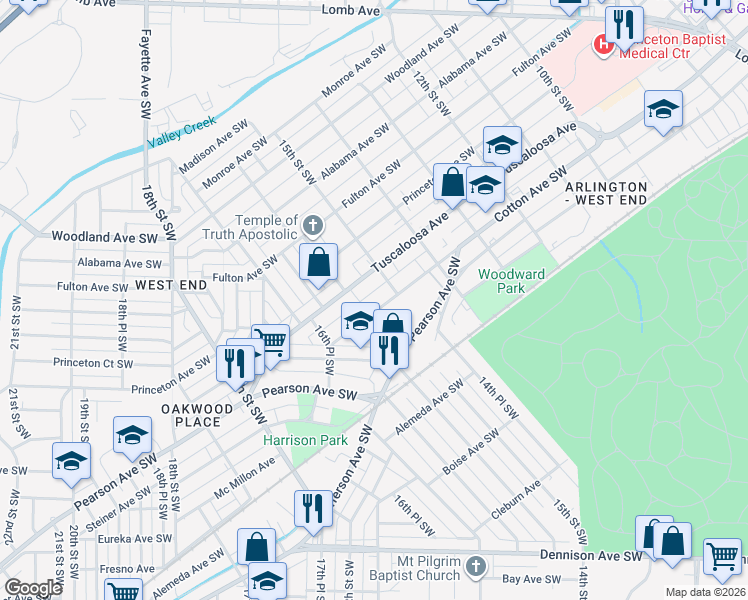 map of restaurants, bars, coffee shops, grocery stores, and more near 1517 Tuscaloosa Avenue in Birmingham