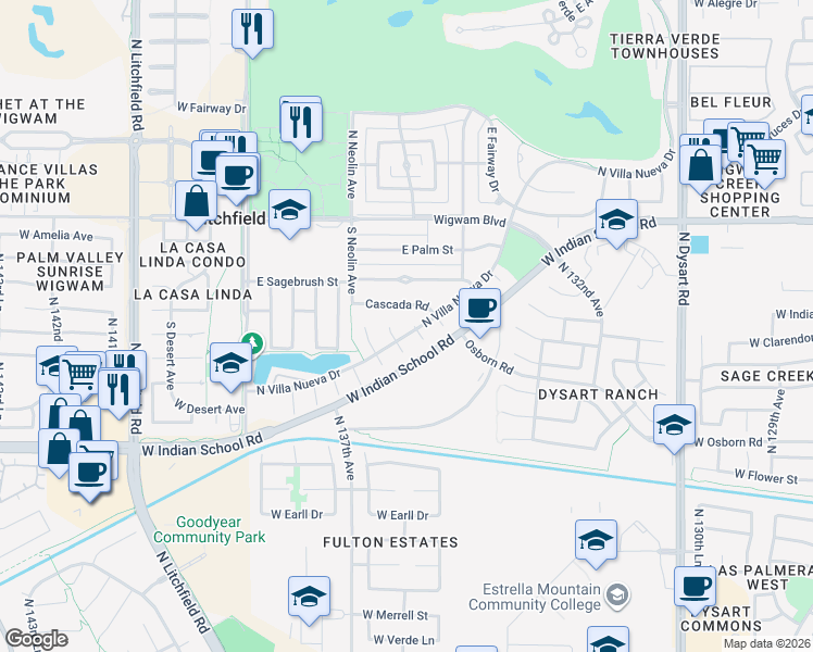 map of restaurants, bars, coffee shops, grocery stores, and more near 491 Cascada Road in Litchfield Park