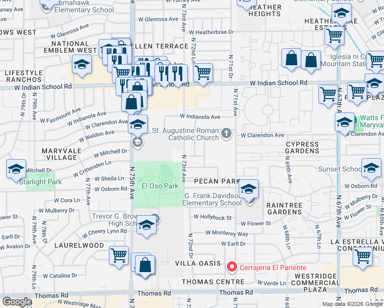 map of restaurants, bars, coffee shops, grocery stores, and more near 3619 North 72nd Lane in Phoenix