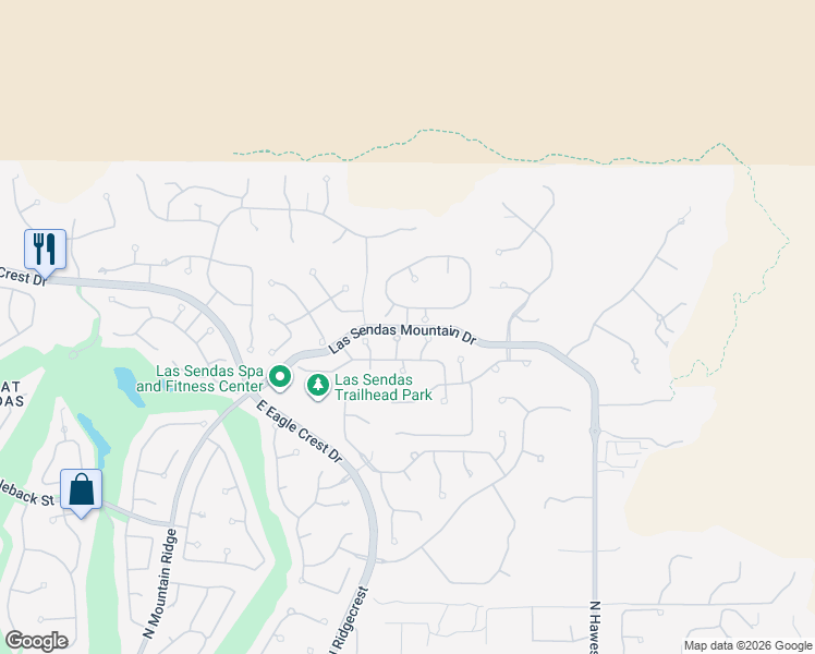 map of restaurants, bars, coffee shops, grocery stores, and more near Las Sendas Mountain Drive in Mesa