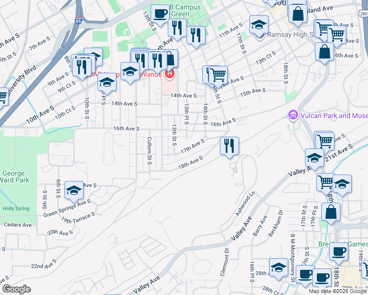 map of restaurants, bars, coffee shops, grocery stores, and more near 1616 13th Place South in Birmingham