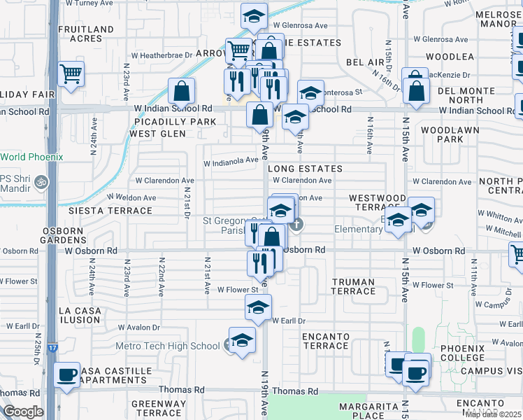 map of restaurants, bars, coffee shops, grocery stores, and more near 1824 West Weldon Avenue in Phoenix