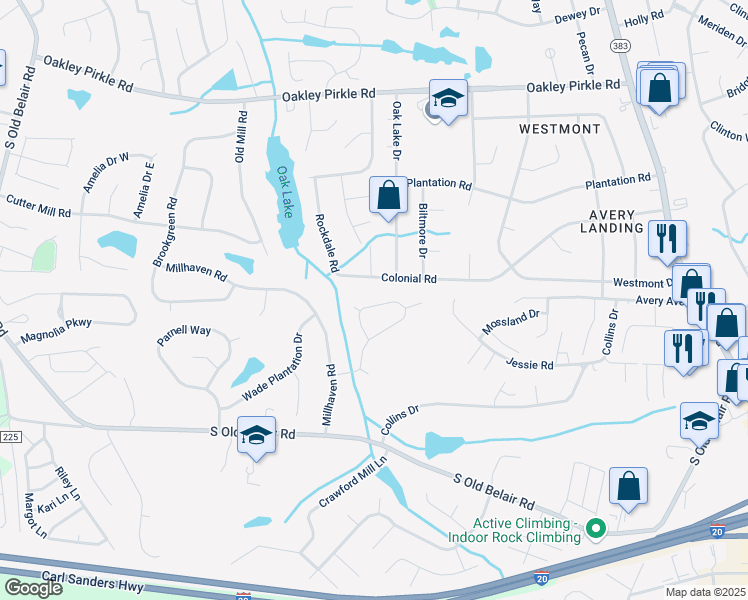 map of restaurants, bars, coffee shops, grocery stores, and more near 376 Crown Mill Drive in Augusta