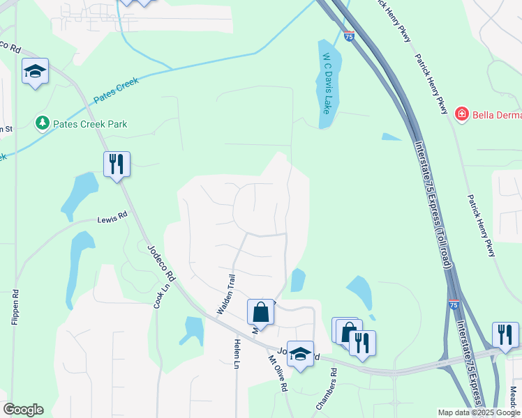 map of restaurants, bars, coffee shops, grocery stores, and more near 729 Fieldstream Way in Stockbridge