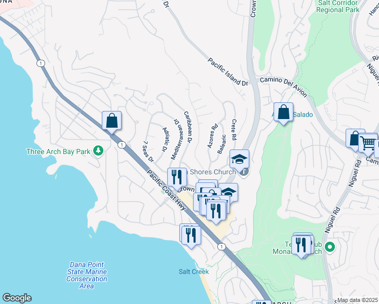 map of restaurants, bars, coffee shops, grocery stores, and more near 32571 Caribbean Drive in Dana Point