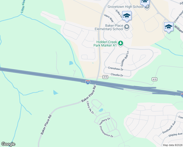 map of restaurants, bars, coffee shops, grocery stores, and more near 577 Baker Place Lane in Grovetown