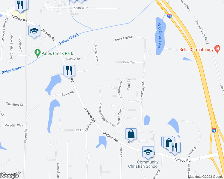 map of restaurants, bars, coffee shops, grocery stores, and more near 403 Streamview Lane in Stockbridge