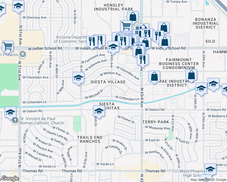 map of restaurants, bars, coffee shops, grocery stores, and more near 4428 West Mitchell Drive in Phoenix