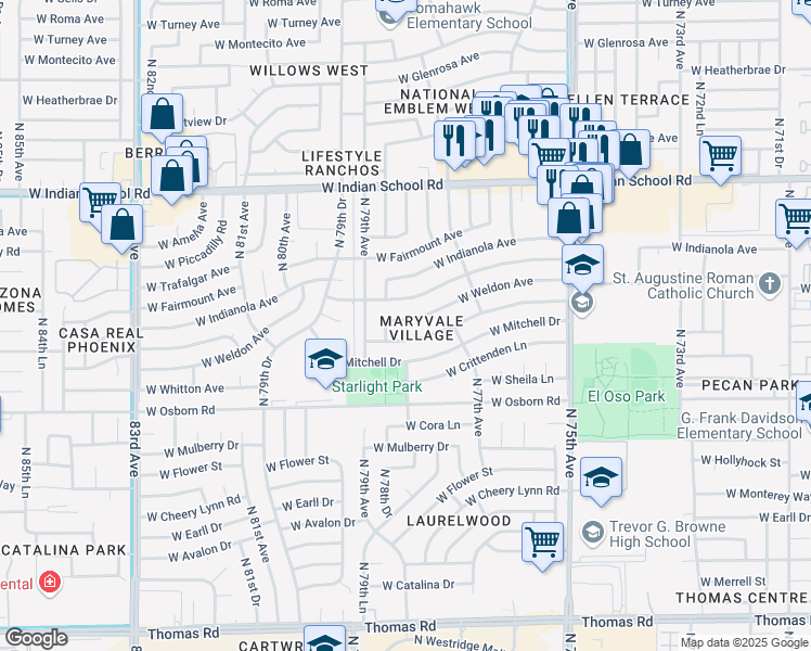 map of restaurants, bars, coffee shops, grocery stores, and more near 7771 West Weldon Avenue in Phoenix